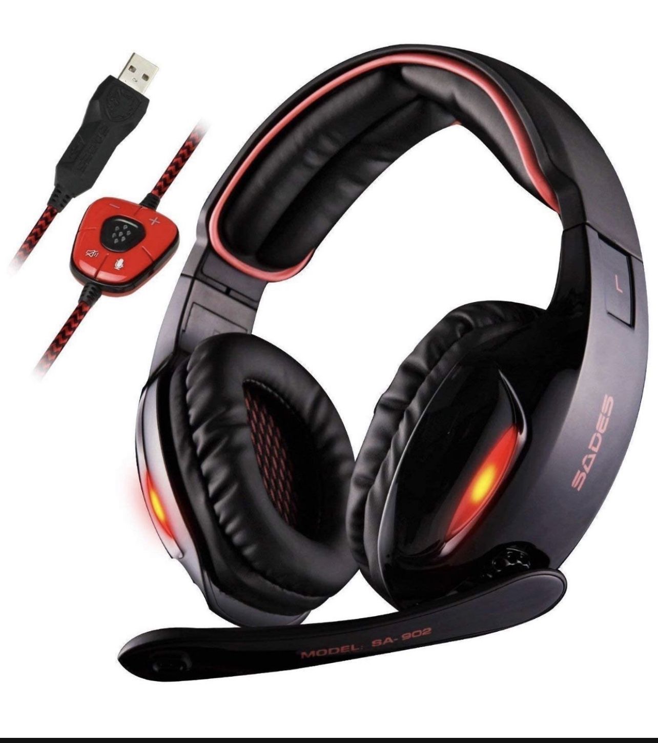 Sades SA902 7.1 Channel Virtual USB Surround Stereo Wired PC Gaming Headset Over Ear Headphones with Mic Revolution Volume Control Noise Canceling LE