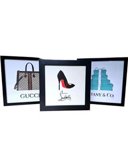 3 Framed Wall Art Decor Prints Gucci Tiffany's Louboutin
