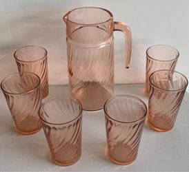 Vintage Arcoroc Rosaline Pink Swirl Glass Pitcher & Tumbler Set