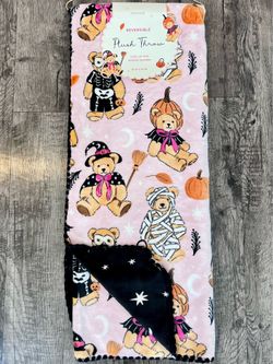 Pink Viral Halloween Spooky Teddy Bear Reversible Plush Throw Blanket NEW