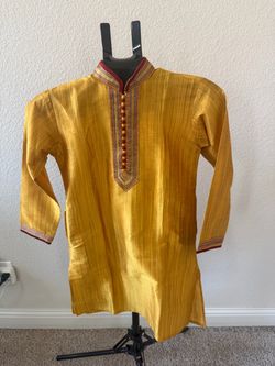 Mustard yellow silk kurta features with Maroon thread-work embroidery for Boys/Kids