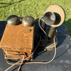 Antique Early 1900’s Candlestick Telephone with Oak Ring Box