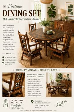 Vintage Mid-Century Mission style Dining Set – 48" Round Table + 4 Chairs
