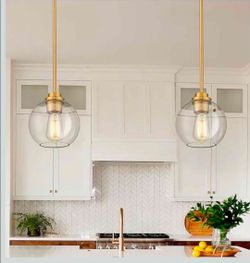 ✨️2 Modern Gold Brass Pendant Lights with Clear Glass Globes