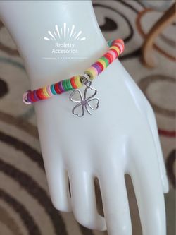 Sterling Silver 925 Bracelet with Wood beads and Clover Charm
