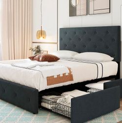 Dark Gray Upholstered Bed Frame with Storage Drawers