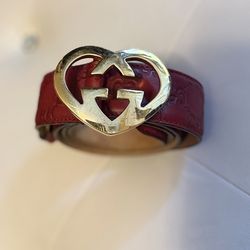 Gucci Red Monogram Leather Gold Heart Buckle Belt Size 95/38