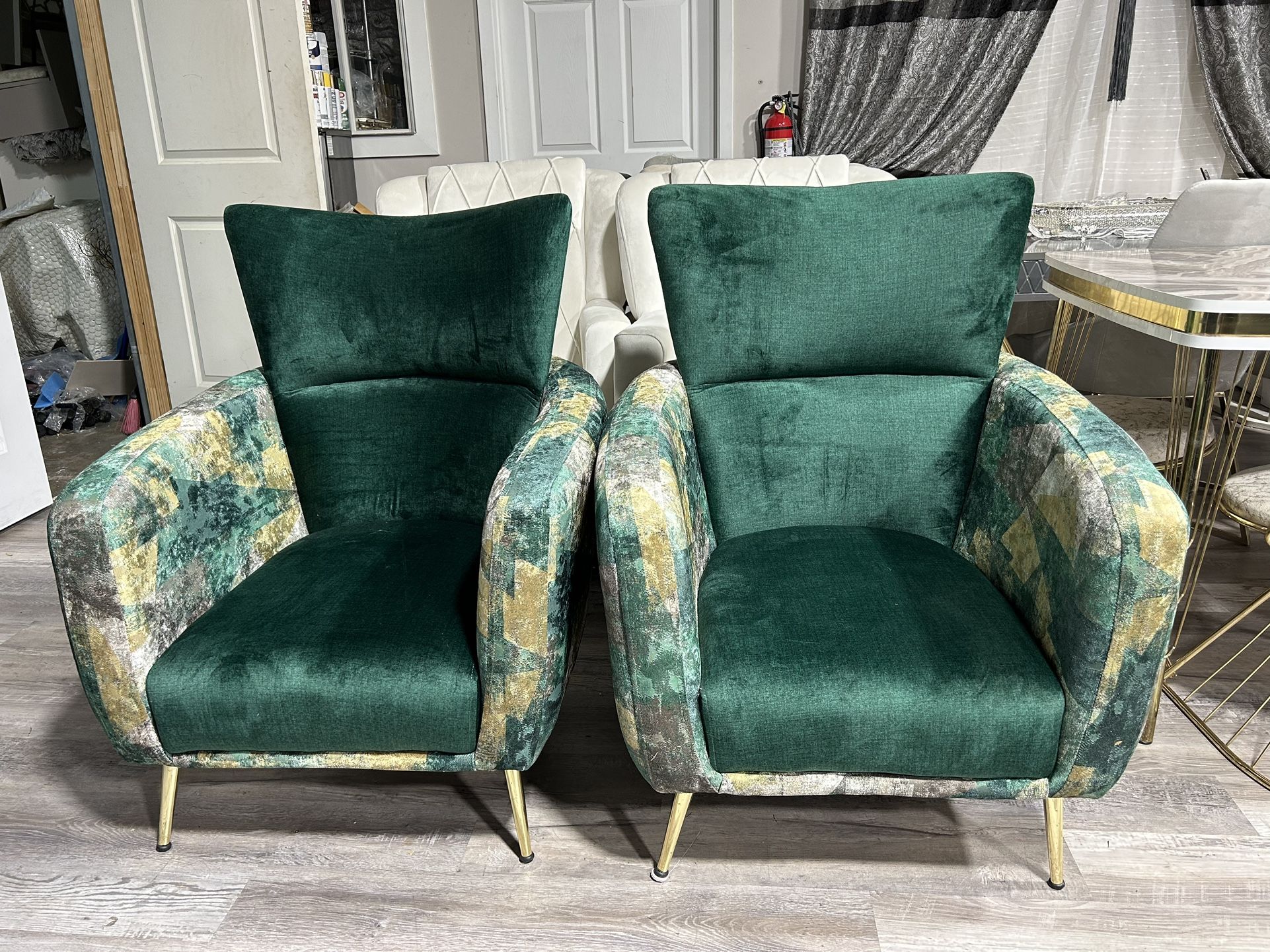 Two Chairs Velvet Fabric Green Color 