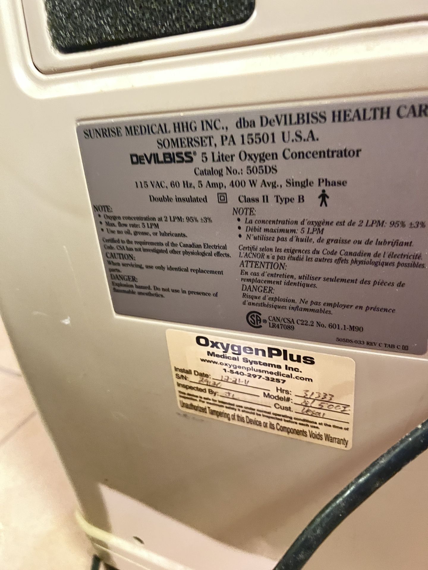 DeVilbiss 5 Liter Oxygen Concentrator 
