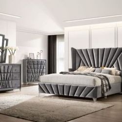 Brand New 4PC Gray Velvet Bedroom Set