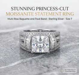 NEW Princess Cut 3ct Moissanite Diamond Wide Band Ring – Baguette CZ Accents – Size 7 (Silver Plated)