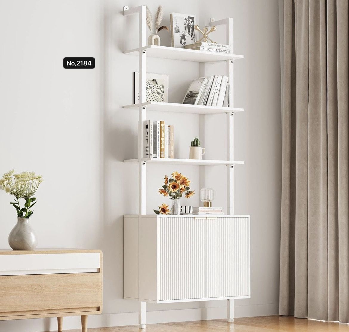 74" Tall Bookshelf with Storage Cabinet, Modern Ladder Shelf with Wood and Metal Frame, Wall Mount Bookcase Open Display Shelf Furniture for Living Ro