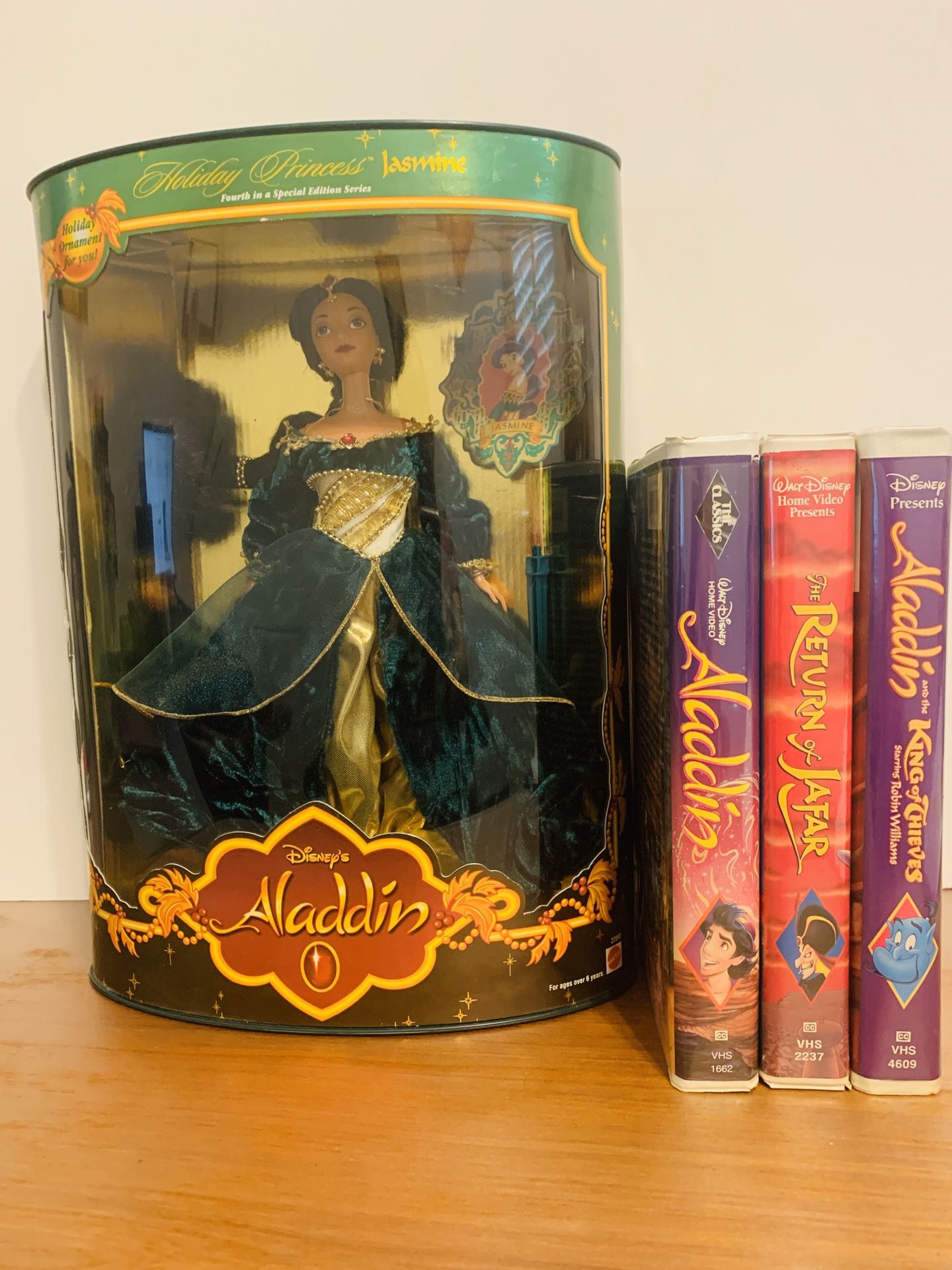Vintage- Disney Aladdin Holiday Princess Jasmine Barbie Doll with Rare Three VHS Tapes