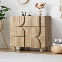T98-3 Drawer Dressers for Bedroom, 31.5" Wide Large Mid Century Modern Fluted Nightstand, Wood Dresser & Chest of Drawers with Curved Profile for Livi