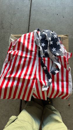 Mens American Flag Overalls Denim Bib Shorts Romper Adjustable Strap with Pockets