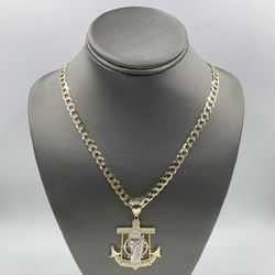 14KT YELLOW GOLD 24” DIAMOND-CUT CURB LINK CHAIN 27.8GR 6.8MM W/ 14KT YELLOW GOLD JESUS ANCHOR CHARM 10.3GR
