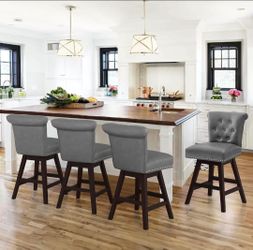 4 Swivel Barstool Solid Wood Counter Stool Nail Head Trim and Tufted Backrest