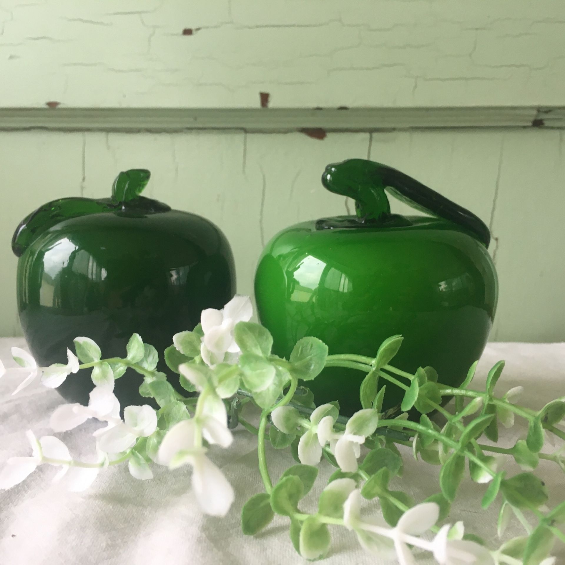 Pair Of Green Glass Apples