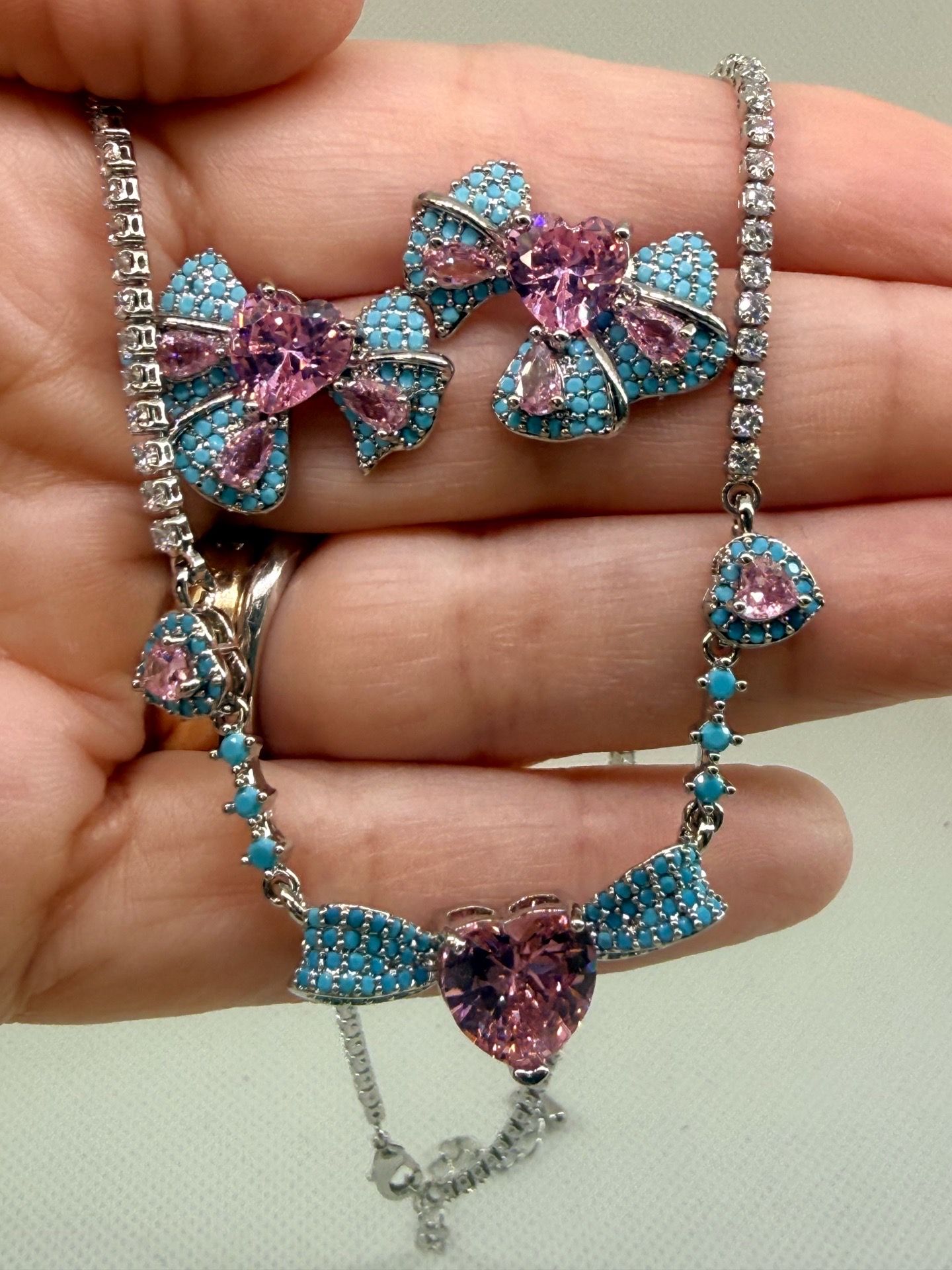 Luxury Pink Heart 5A CZ Bow Jewelry Set Gold Plated Necklace & Earrings 16”