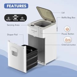 Diaper Pail Odor-Locking, Individually Sealed Baby Diaper Pail Smart Trash Can Upgrade 3.0, Full-Automatic Packing & Self-Changing