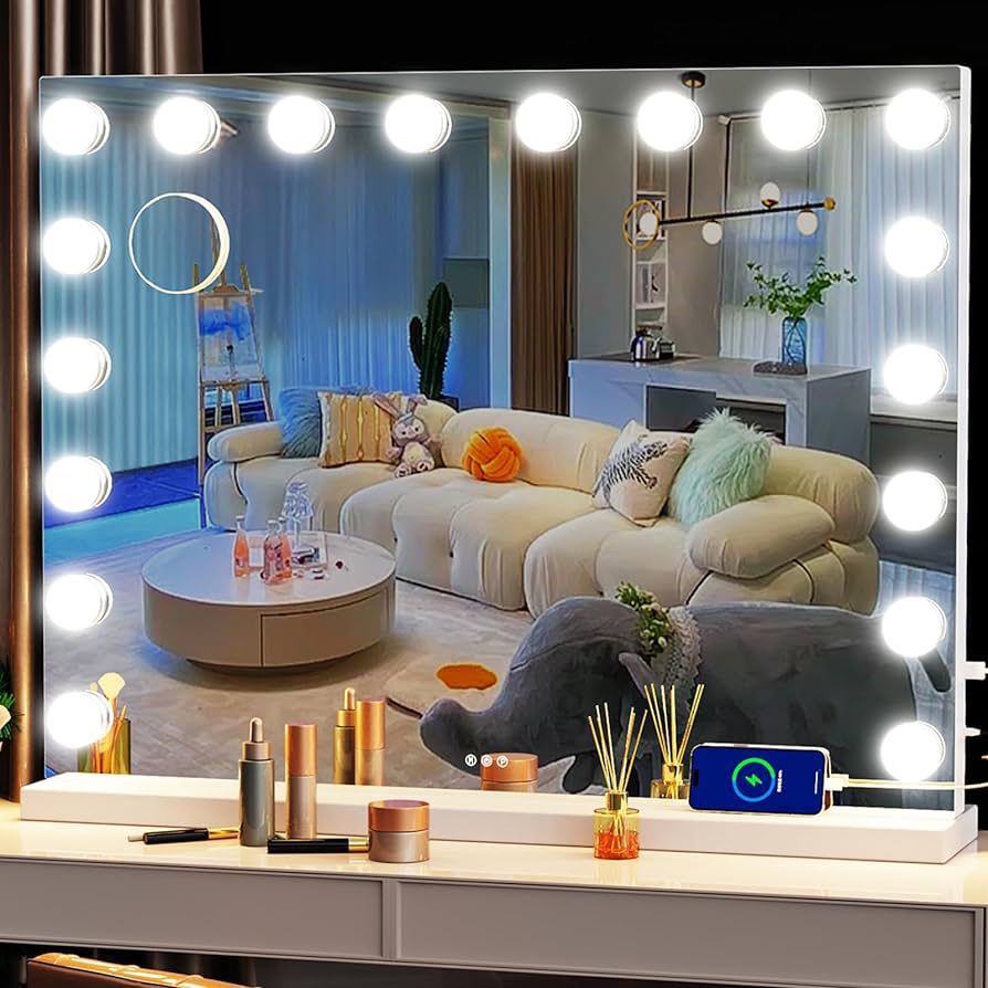 Gvnkvn Vanity Mirror with Lights, 32 x 24 Tabletop Hollyhood Makeup Mirror, Hollywood Lighted Mirror with 18 Dimmable LED Bulbs,3 Colors Modes,Touch C