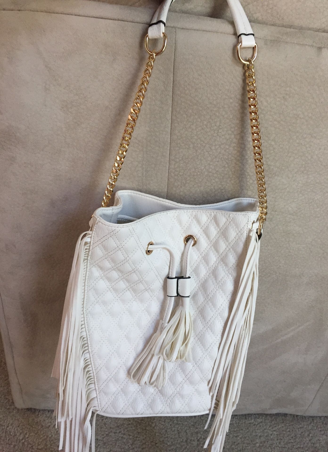 Brand new white & gold tote bag with heavy fringes