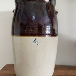 Antique 4 Gallon Crock Farm House Decor Salt Glaze Brown Stone Ware Cobalt