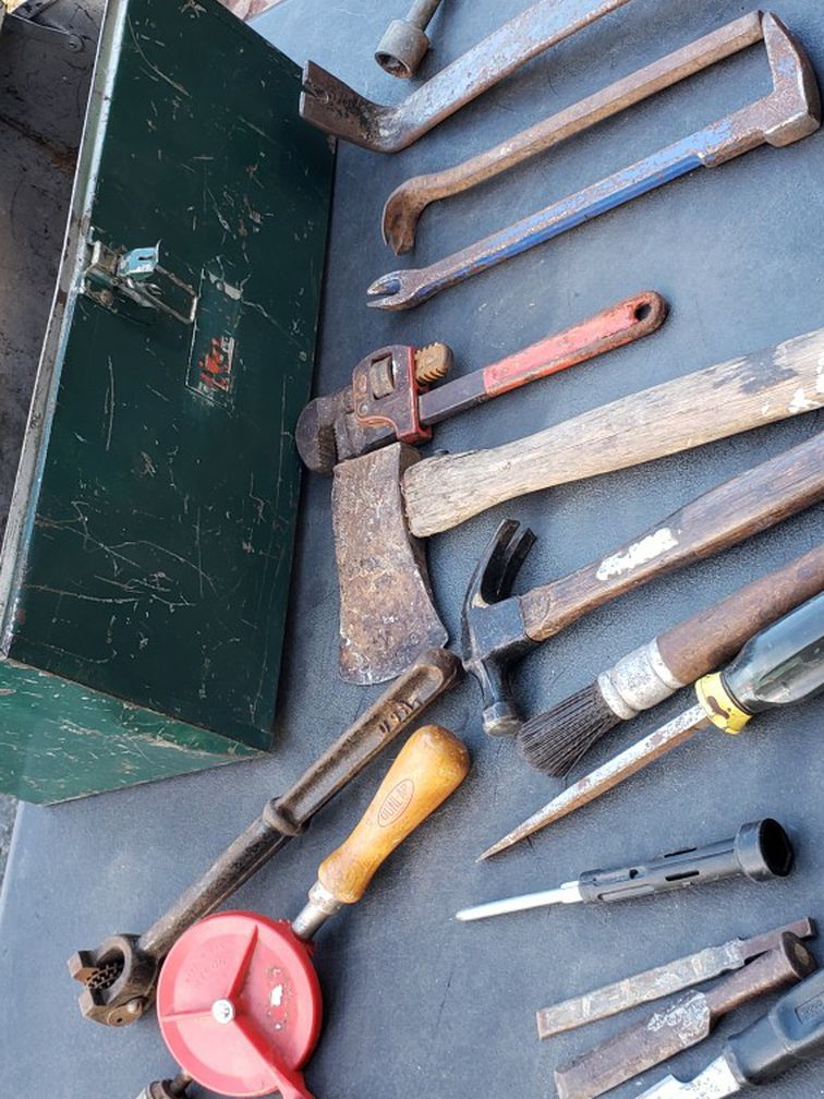 Vintage tools with metal toolbox