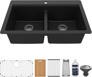 Karran QTWS-880 33" Double Bowl Kitchen Sink Black – Open Box