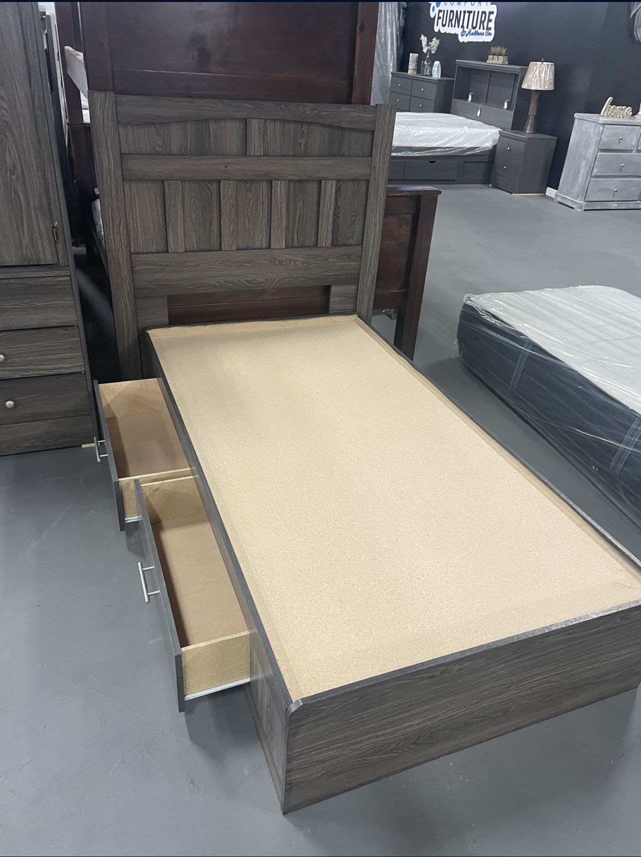 Brown Twin 2- Drawer Compressed Wood Platform Bed Frame 