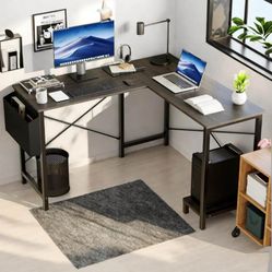 L Shaped Gaming Desk, 49 Inch L Shaped Desk with CPU Storage Shelf & Side Bag, Wooden Corner Desk