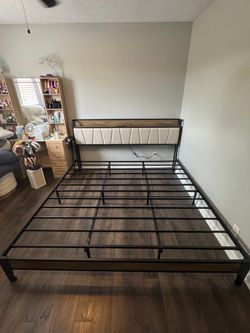 Modern king Bed Frame with Upholstered Headboard and Charging Ports