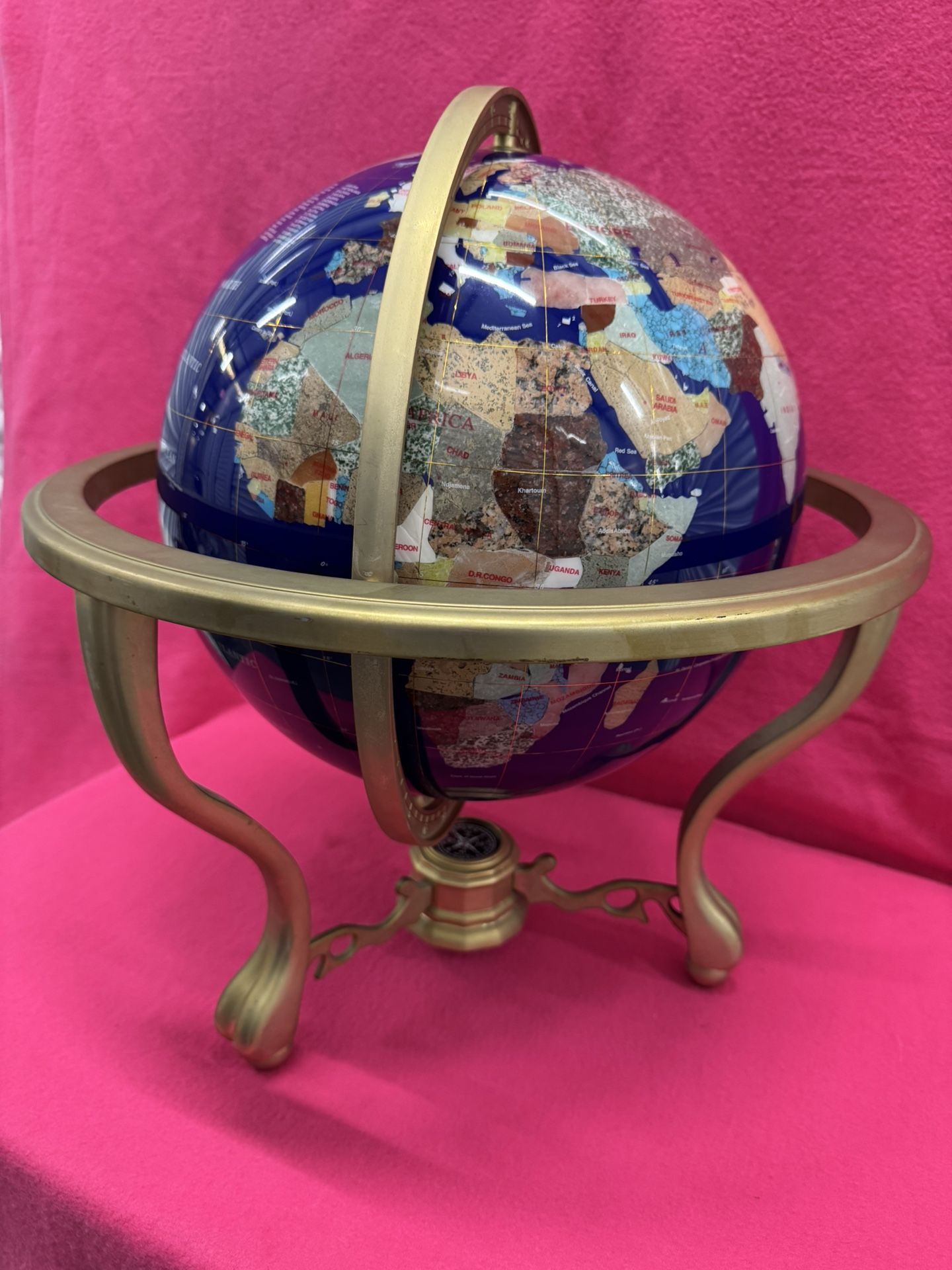 Rare Antique Gemstone Globe with Compass | Handmade Natural Stone Inlay World Map, Shell & Pearl Inlaid,