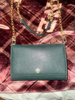 Tory Burch Green Saffiano Leather Chain Wallet Crossbody
