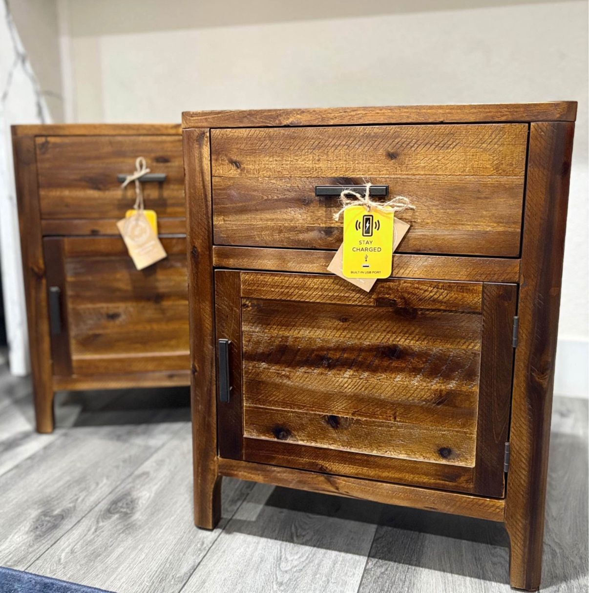 Pair of Rustic Modern Wooden Nightstands with Power & USB Ports | NEW