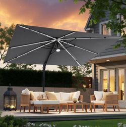9 ft. x 11 ft. Solar-Lighted Patio Umbrella Dual Top Outdoor Heavy Duty  Cantilever Offset Umbrella in Gray