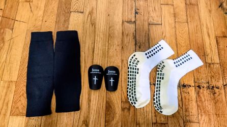Complete Soccer Gear Set - Mini "Jesus" Shin Guards, Sleeves, & White Grip Socks