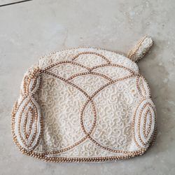 Vintage All Beige Beads Clutch Purse 