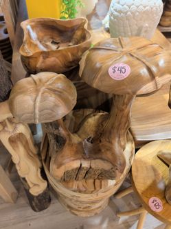 Hand-Carved Teak Wood Mushroom Sculpture