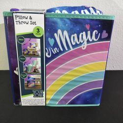 Your Zone Kids Rainbow 3 Piece Set, Includes Storage Cube, Soft 50" x 60" Plush Throw and Decorative Pillow, Multicolor