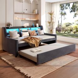 Rosenlund Twin Size Upholstery Daybed with Trundle, LED and USB Charging Station