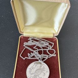 Sterling Silver Necklace, 30” Long, 1/16” Wide With Zodiac Cancer Pendant In 1 1/4” Diameter, Weights 20 Grams, Selling For $55, 10% below junk silver
