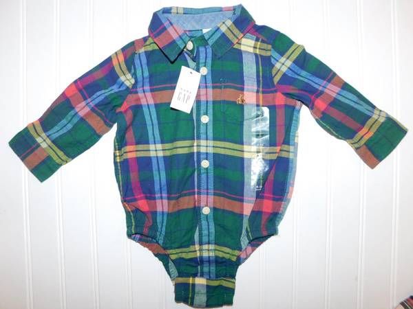 NWT Baby Gap Boys 6-12 Months Green Plaid Bodysuit Dress Shirt