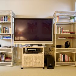 Wicker Book Cases, 60 inch TV and Stand, Blue Ray Player
