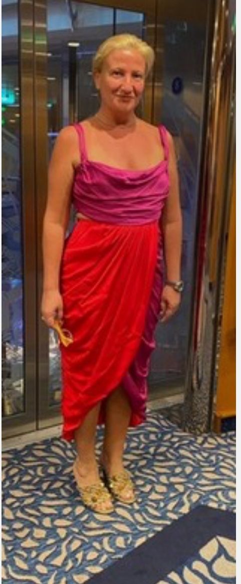 AMUR COCKTAIL DRESS Coral Purple PERSEY Mermaid Straps Size 8 PRE OWNED EXCELLENT FROM SAKS FIFTH AVENUE 