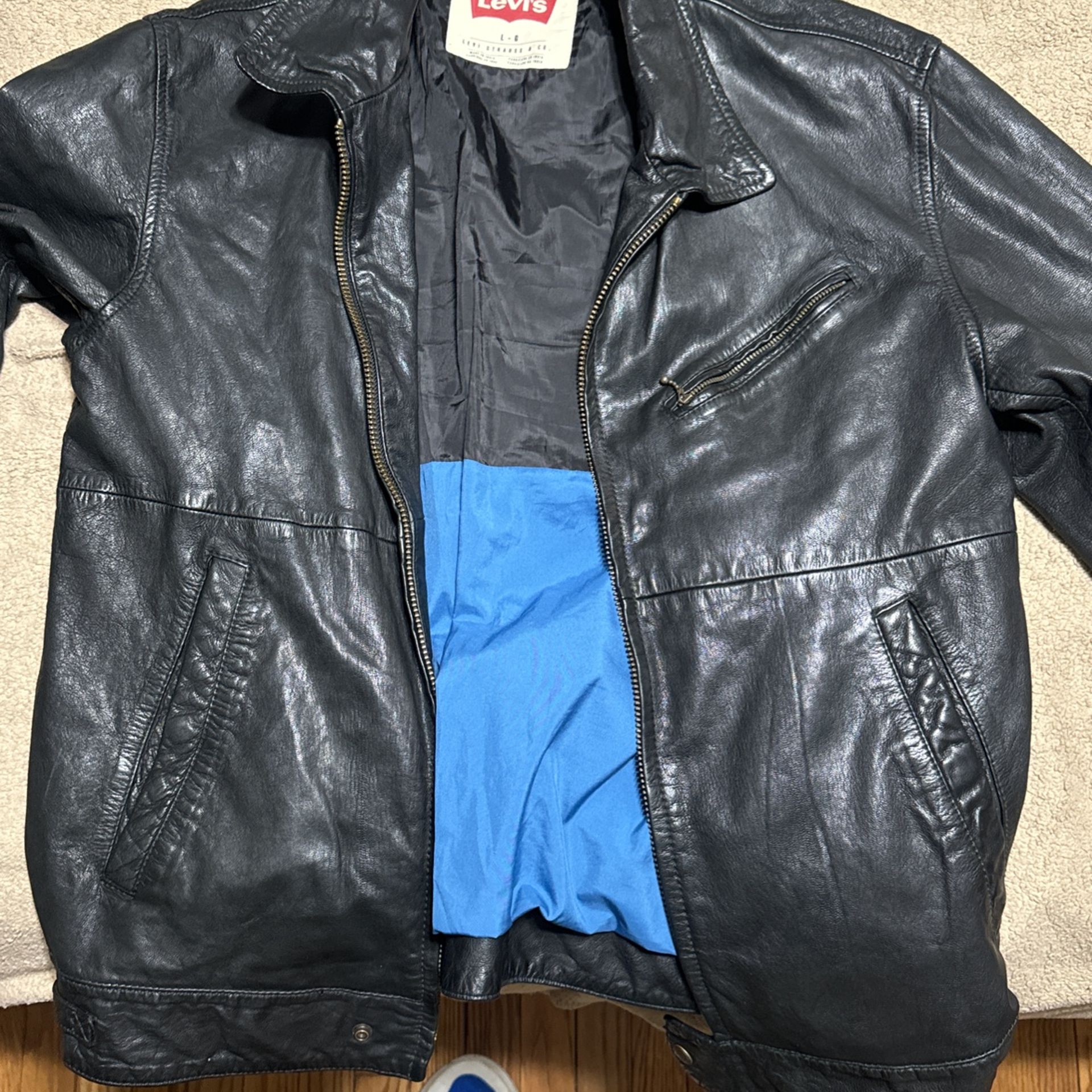 Vintage Levi Leather Bomber With Blue Linen