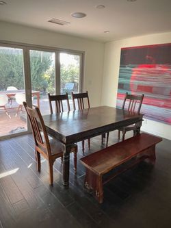 Hand-Carved Indonesian Solid Teak Dining Set — Table, 4 Chairs + Bench