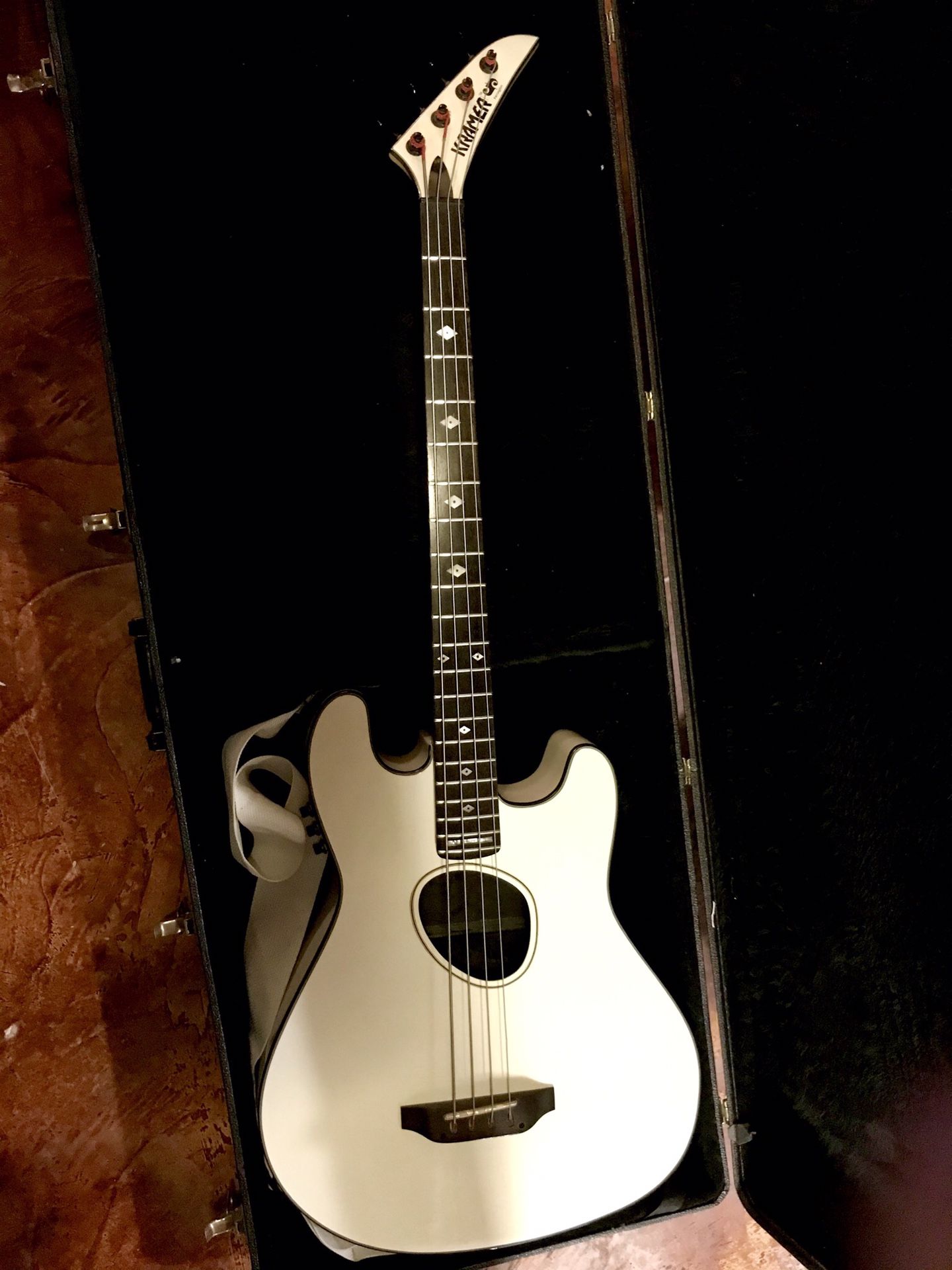 Rare White Kramer Ferrington Acoustic/Electric Bass with case.