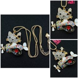NEW Hello Kitty Colorful Crystal Cat Pendant Sweater Chain Betsey Johnson 