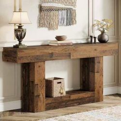 New assembled 63" Console Table, Farmhouse 2-Tier Entryway Table with U-Shaped Base, Narrow Long Wood Sofa Table Behind Couch Table for Living Room, H